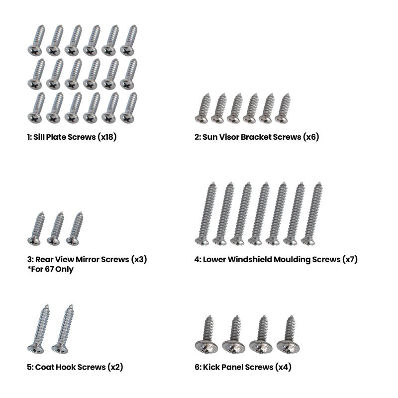 1967-1968 Ford Mustang Coupe Interior Hardware Screw Kit 40 Piece Set