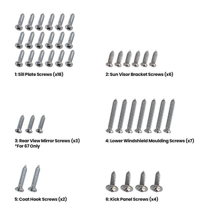 1967-1968 Ford Mustang Coupe Interior Hardware Screw Kit 40 Piece Set