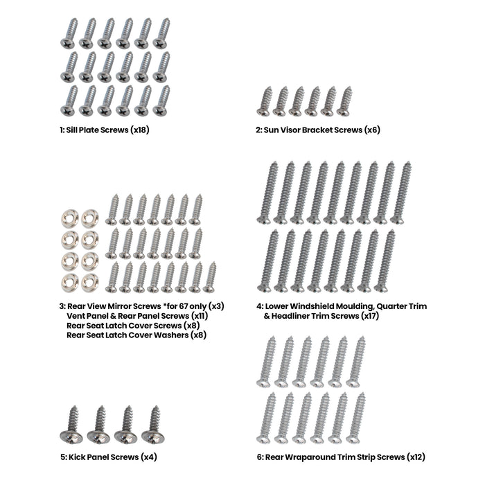 1967-1968 Ford Mustang Fastback Interior Hardware Screw Kit 87 Piece Set