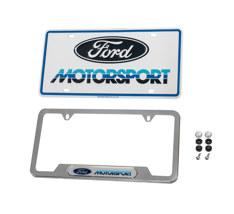 Ford Motorsport 1980s Tri-Color Logo License Plate & Polished Stainless Steel Frame