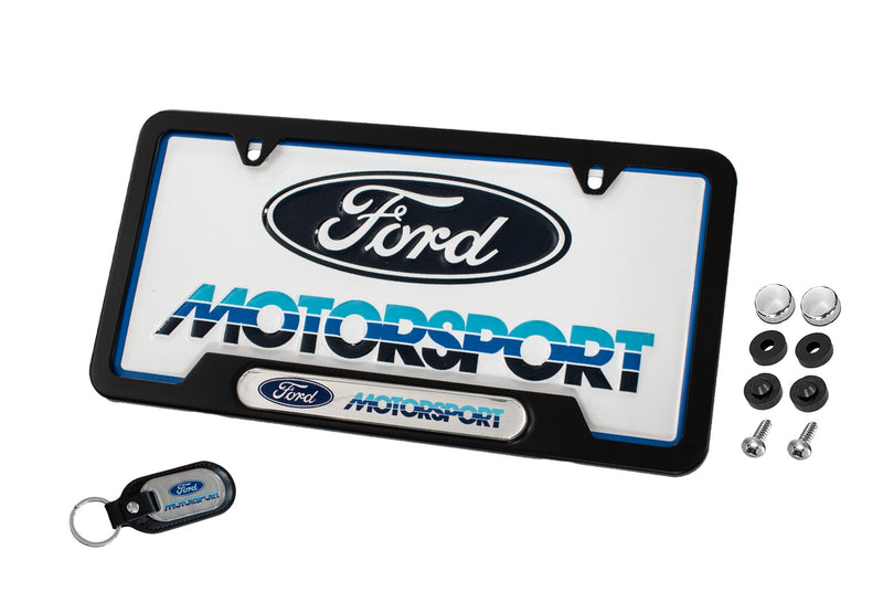 Ford Motorsport 80s Logo Keychain, Black License Plate Frame, & Insert