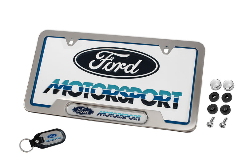 Ford Motorsport 80s Logo Keychain, Polished License Plate Frame, & Insert