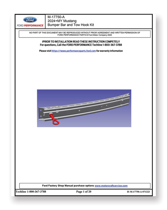 2024 Ford Mustang OEM M-17750-A Front Bumper Beam & Red Tow Hook Kit