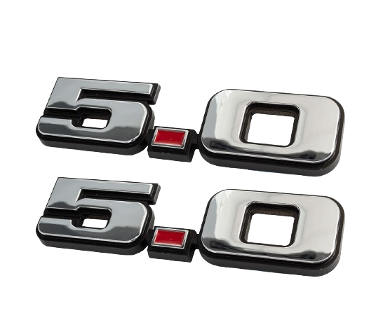 1979-1993 Ford Mustang GT LX Chrome & Red 5.0 Fender Emblems 4.75" Pair