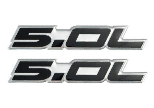 5.0 Liter 302 Engine Aluminum Emblem Badge Logo Silver & Black - 4.5" Long Pair