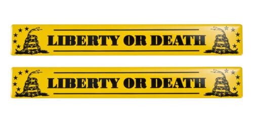 Liberty or Death Gadsden Flag 5 3/4" x 3/4" Yellow Aluminum Metal Emblems Pair