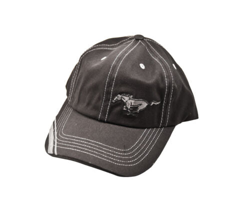 Ford Mustang Black Hat Cap w/ Silver Running Horse Logo & Silver Brim Stripes