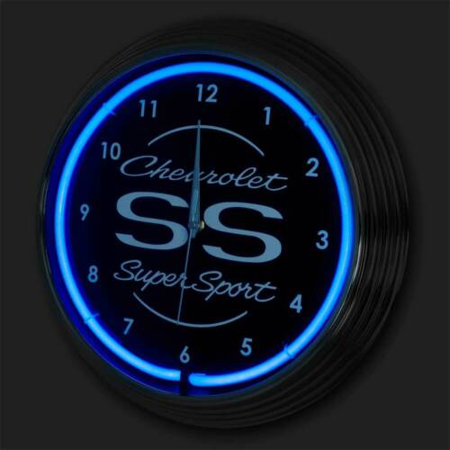 Chevy Camaro Chevelle SS Super Sport Blue Light Up Neon Clock w Chrome Trim