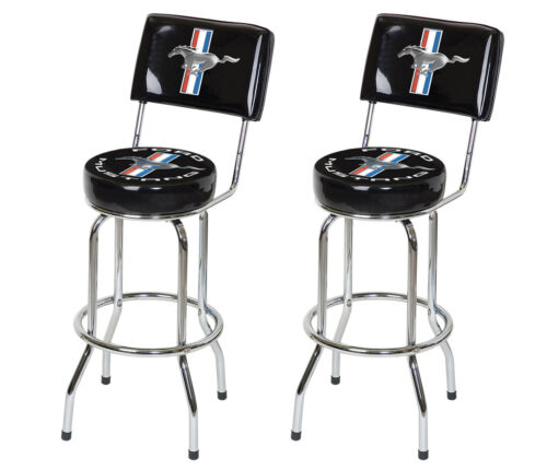 Ford Mustang Chrome & Black Tribar Running Horse Bar Stools w/ Back Rest - Pair