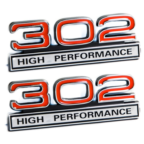302 5.0L Engine High Performance Engine Emblems in Red & Chrome - 4" Long Pair