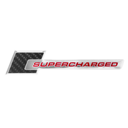 Carbon Fiber Chrome 6" Supercharged Aluminum Metal Emblem w/ Red Lettering