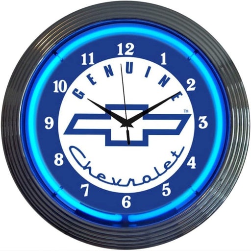 Genuine Chevrolet Chevy Bowtie Blue Neon Lighted Wall Garage Clock Chrome