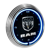 Dodge Ram White Neon Light Up Lighted Garage Wall Clock - Black & Chrome Trim