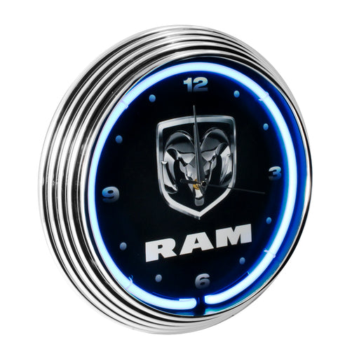 Dodge Ram White Neon Light Up Lighted Garage Wall Clock - Black & Chrome Trim