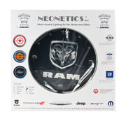 Dodge Ram White Neon Light Up Lighted Garage Wall Clock - Black & Chrome Trim
