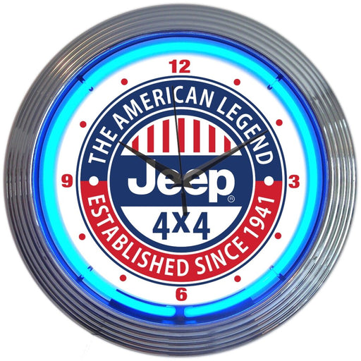 Jeep 4x4 American Legend Red White & Blue Neon Garage Man Cave Wall Clock