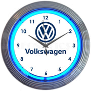 Volkswagen VW White & Blue Neon Light Up Garage Man Cave Wall Clock