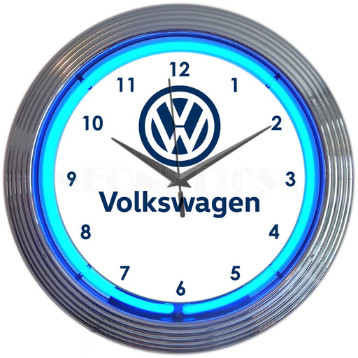 Volkswagen VW White & Blue Neon Light Up Garage Man Cave Wall Clock