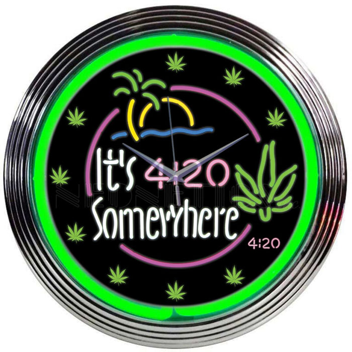 It's 4:20 Somewhere Green Neon Light Up Garage Man Cave Wall Clock