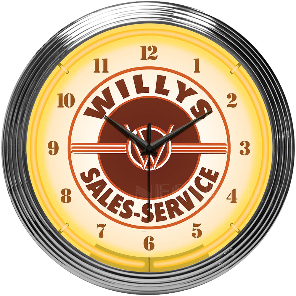 Willys Sales Service Jeep Yellow Neon Light Up Garage Man Cave Wall Clock