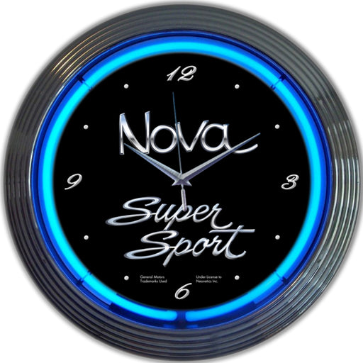 Chevrolet Nova Super Sport Black w Blue Neon Light Up Garage Man Cave Wall Clock