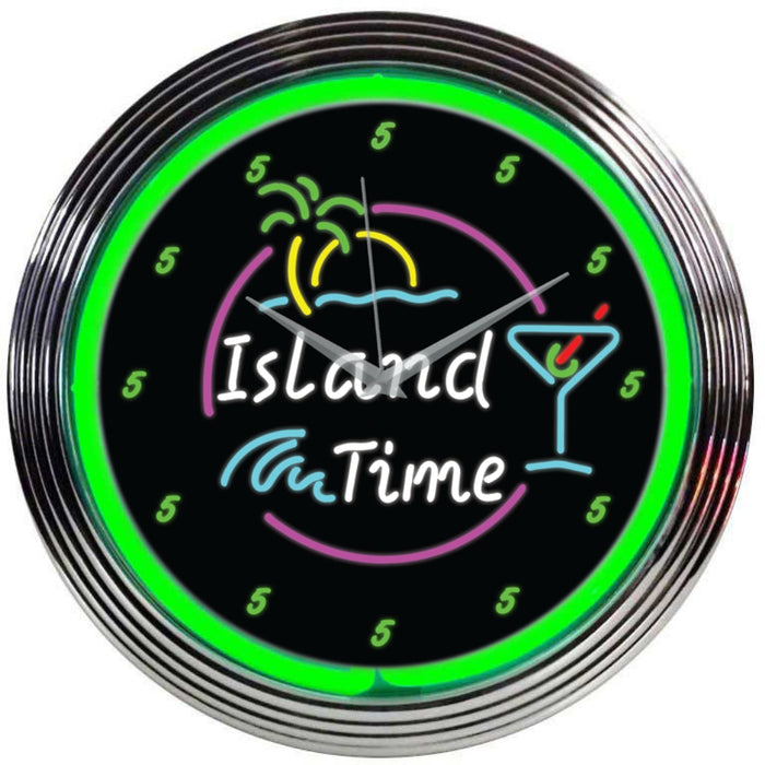 Island Time Beach Green Neon Light Up Garage Man Cave Wall Clock