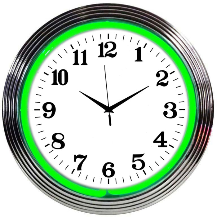 Chrome & Green Neon Light Up Garage Man Cave Wall Clock