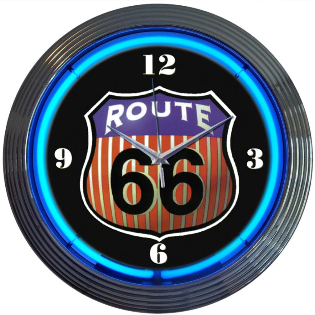 Route 66 Blue Neon Light Up Garage Man Cave Wall Clock