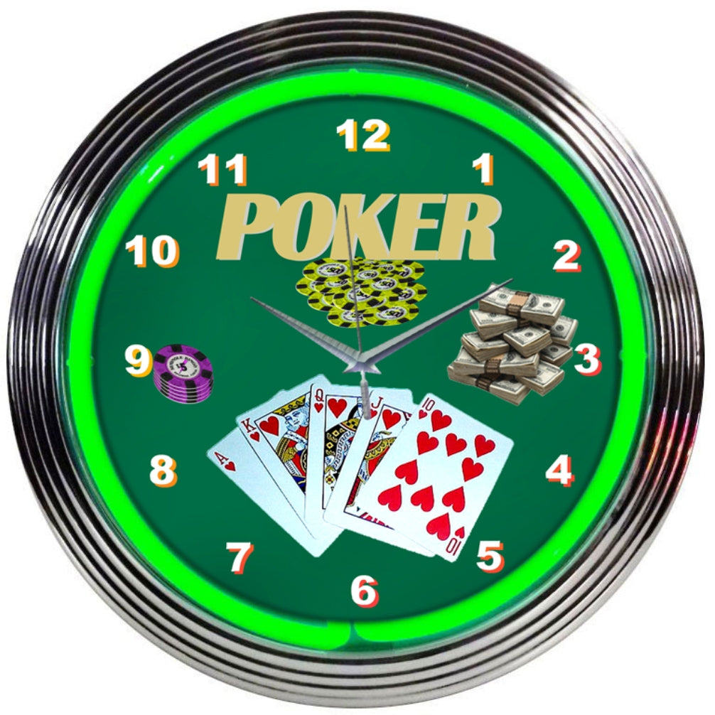 Poker Table Green Neon Light Up Garage Man Cave Game Room Wall Clock