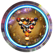 Space Stars Pool Billiard Balls Blue Neon Light Up Garage Man Cave Wall Clock