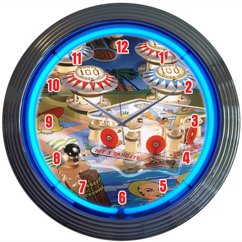 Pinball Blue Neon Light Up Game Room Garage Man Cave Wall Clock