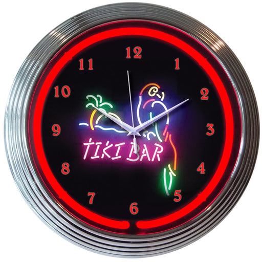 Tiki Bar Parrot Beach Red Neon Light Up Garage Man Cave Wall Clock