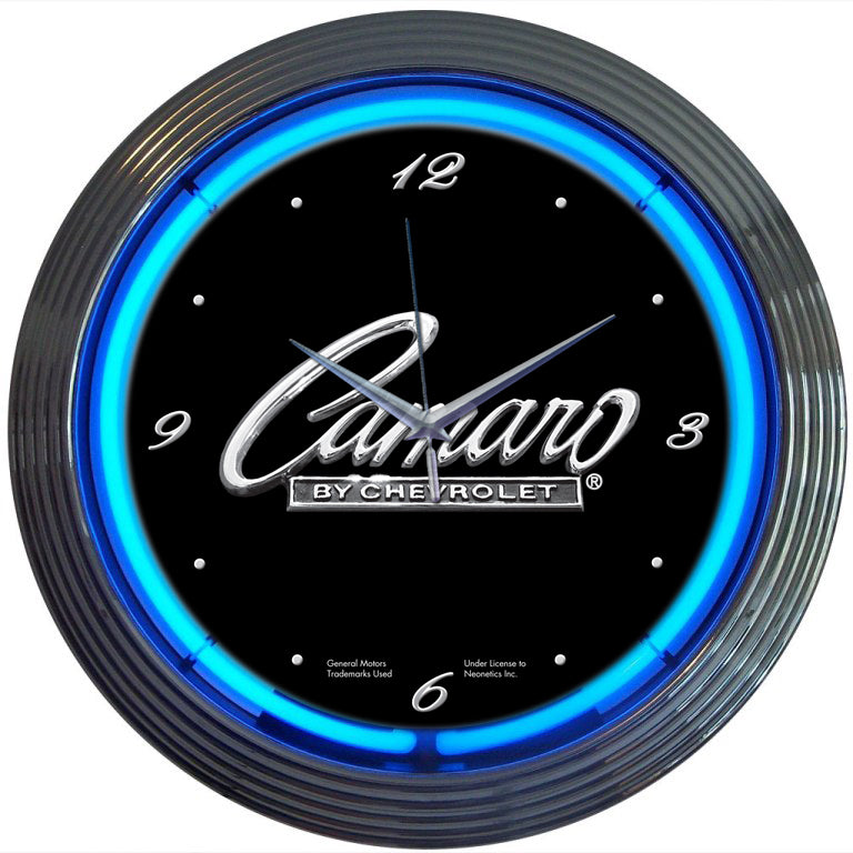 "Camaro By Chevrolet" Logo Neon Wall Clock Black & Chrome with Blue Illumination