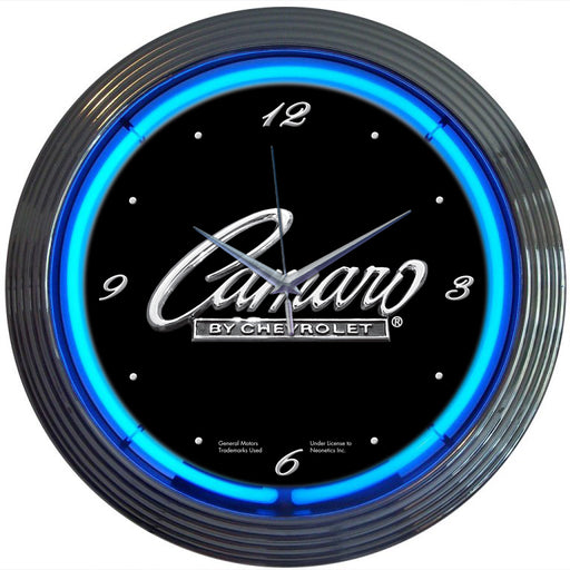 "Camaro By Chevrolet" Logo Neon Wall Clock Black & Chrome with Blue Illumination