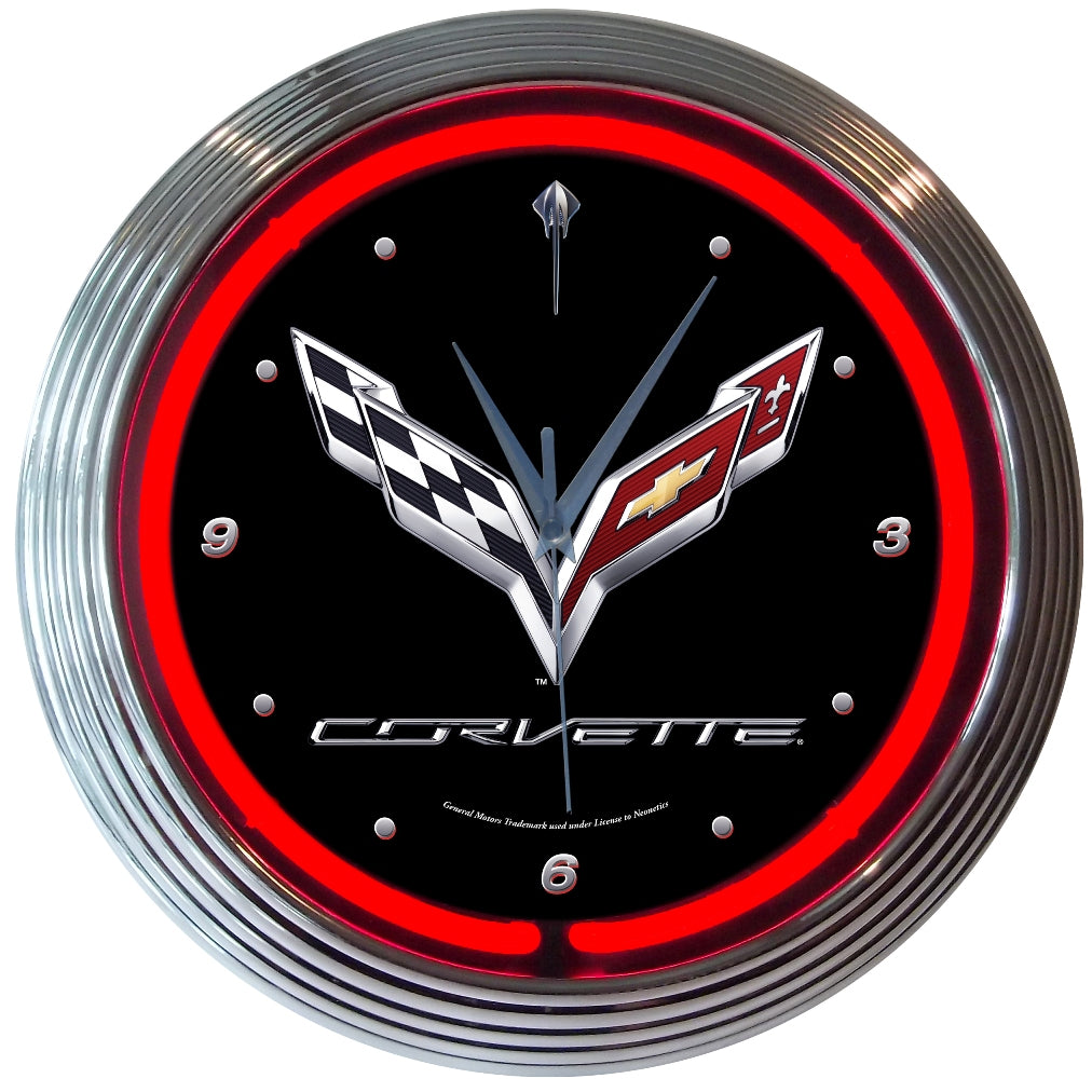 C7 Corvette Black & Chrome Wall Clock with Crossed Flags Logo & Red Neon Light