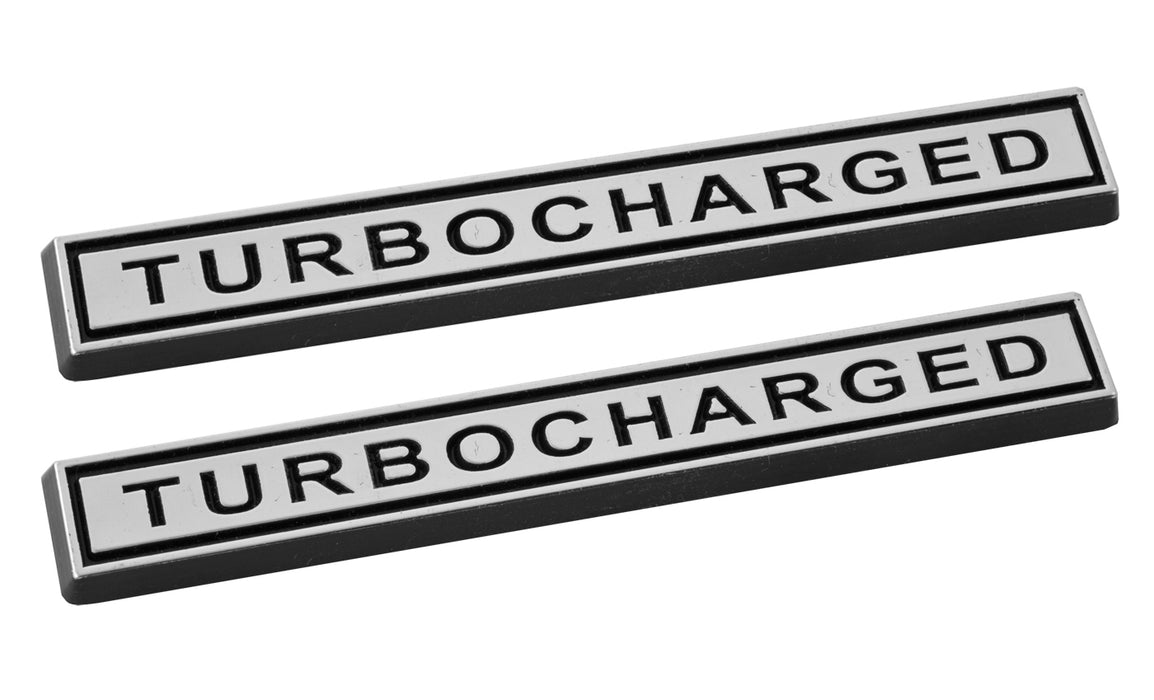 Mustang Turbocharged Chrome & Black Bar 4" Bar Emblems Badges - Pair
