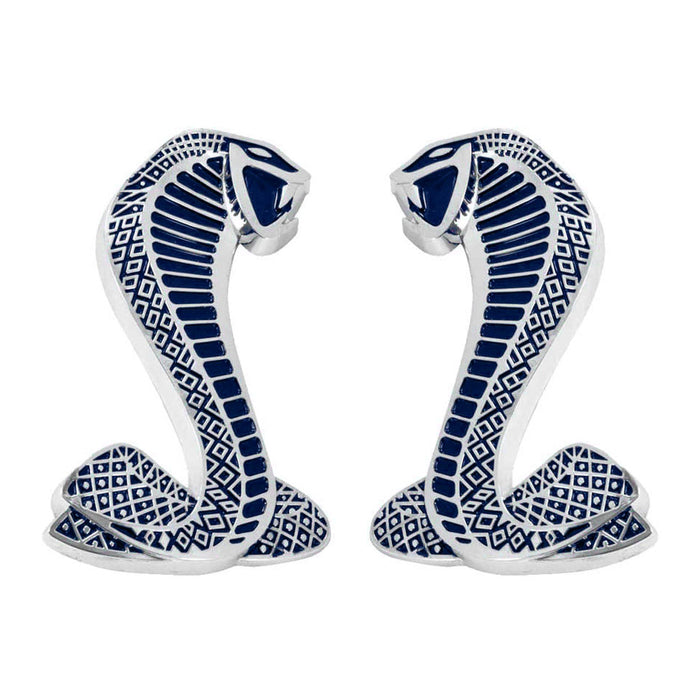 Ford Mustang Cobra Snake Fender Side Emblems in Blue & Chrome 2 3/4" tall - Pair