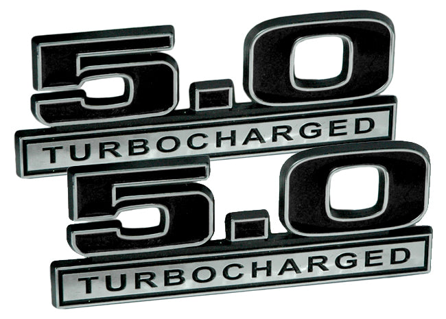 Pair of 5.0 Liter 302 Turbocharged Emblems Black & Chrome - For Cummins & Ford