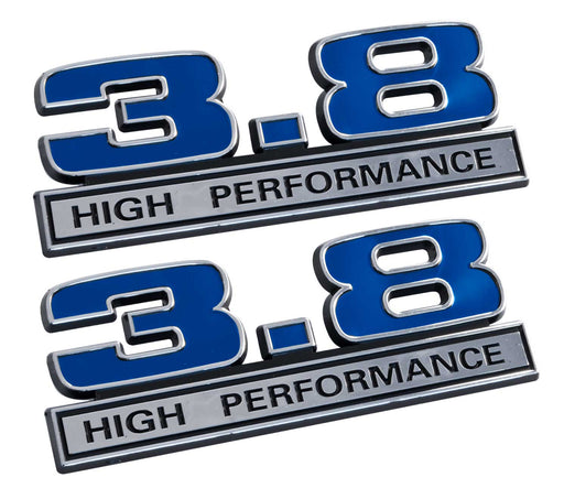3.8 Liter 231 & 232 V6 Engine Emblems Badges in Chrome & Blue - 5" Long Pair