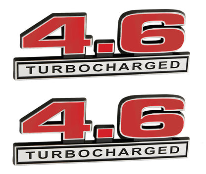 4.6 Liter Turbocharged Engine Emblems Badges in Chrome & Red - 5" Long Pair