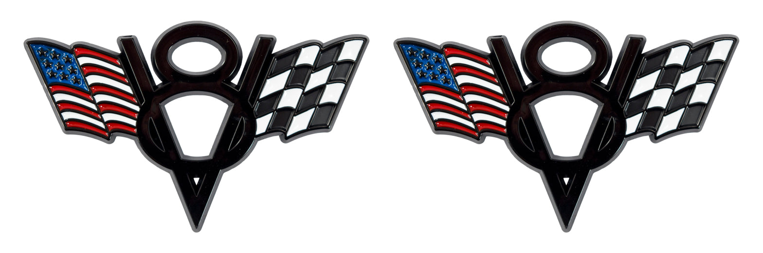 American & Checkered Flags V8 Black Fender Trunk Exterior Badges Emblems - Pair