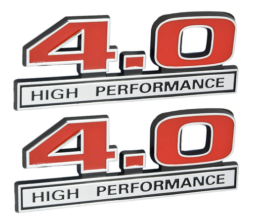4.0 Liter High Performance Engine Emblems Badge in Chrome & Red - 5" Long Pair