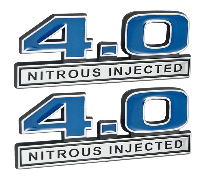 4.0 Nitrous Injected NOS Engine Emblems Badges in Chrome & Blue - 5" Long Pair