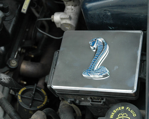 1998-2004 Mustang Polished Chrome Engine Fuse Box Cover w/ Blue Cobra Emblem