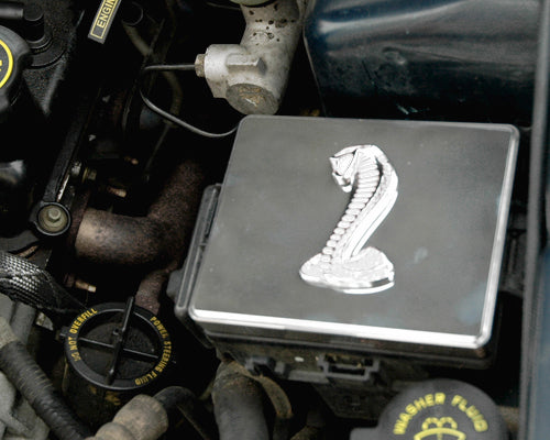 1998-2004 Mustang Polished Chrome Engine Fuse Box Cover w/ White Cobra Emblem