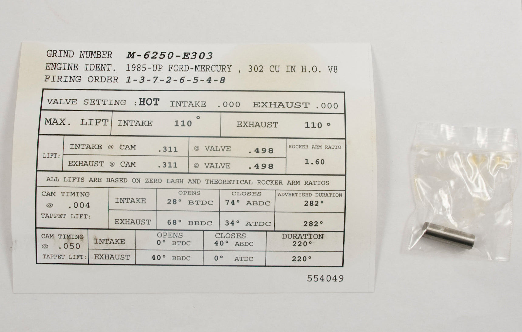 19851995 Mustang 5.0 E303 Ford Racing Cam Camshaft w/ Hydraulic Rolle