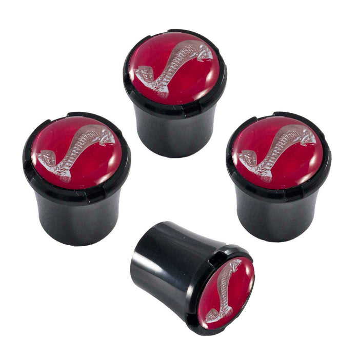 Ford Mustang Cobra Shelby Black & Red 4pc Valve Stem Caps Set w/ Snake Logo