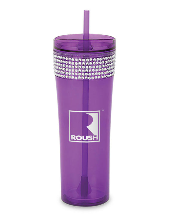 Ladies Roush Bling Rhinestone Purple Double Wall Acrylic Tumbler Cup w/ Straw