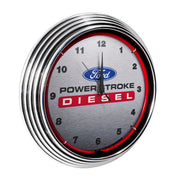 Ford Power Stroke Diesel Neon Garage Wall Clock Chrome Trim w/ Red Illumination