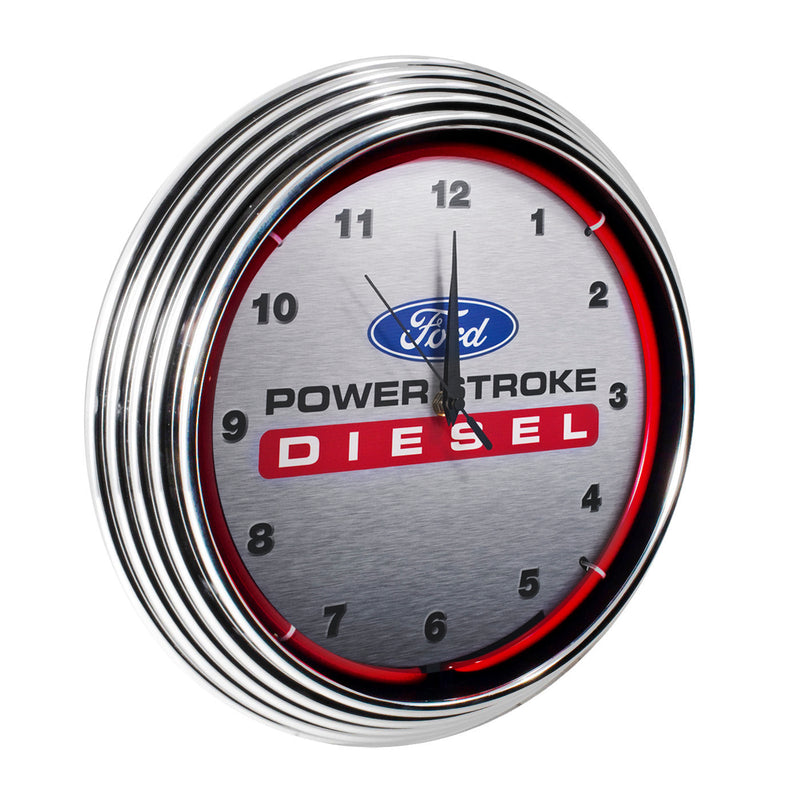 Ford Power Stroke Diesel Neon Garage Wall Clock Chrome Trim w/ Red Illumination